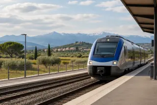 Train régional entrant dans une gare du sud de la France, face à un paysage rural avec des collines et des montagnes lointaines.
