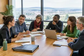 Réunion photoréaliste de représentants variés autour d’une table dans une assemblée consultative régionale