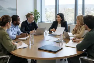 Réunion de travail réunissant six membres d’un conseil consultatif régional autour de dossiers et de documents d’analyse